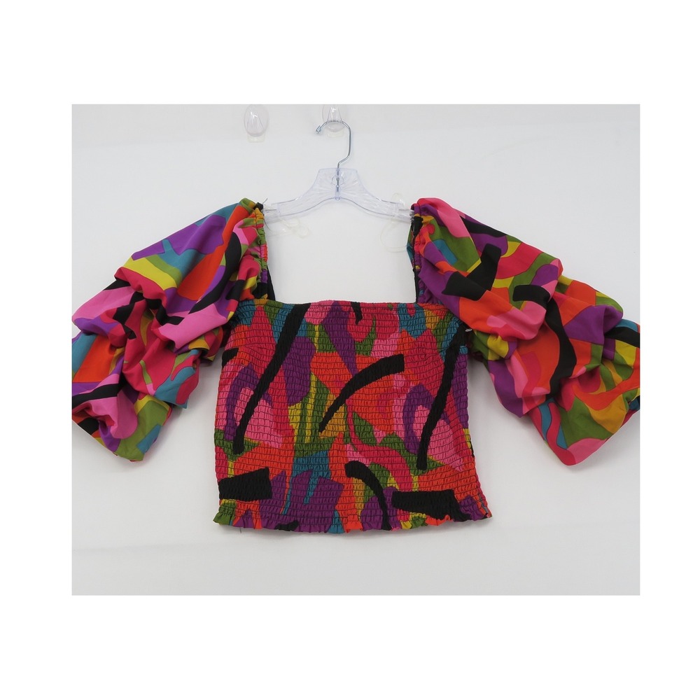 Live 4 Truth Smocked Puff Sleeve Crop Top Multi Color Abstract Print Medium - Picture 3 of 10